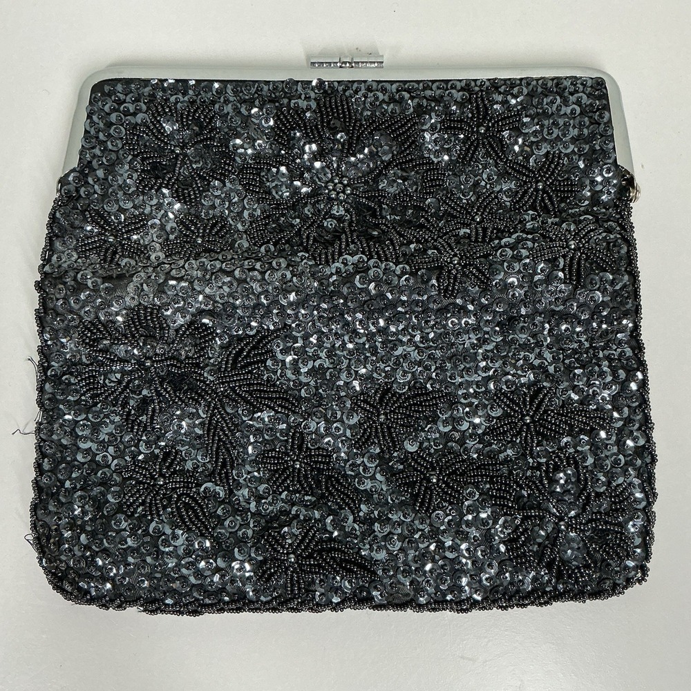 Vintage Black Beaded And Sequins Clutch Purse Hand Beaded Hong Kong Snap Closure
